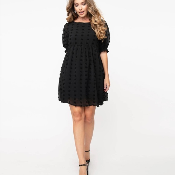 Retro Style Black Pom Pom Babydoll Dress - Small - Picture 4 of 6